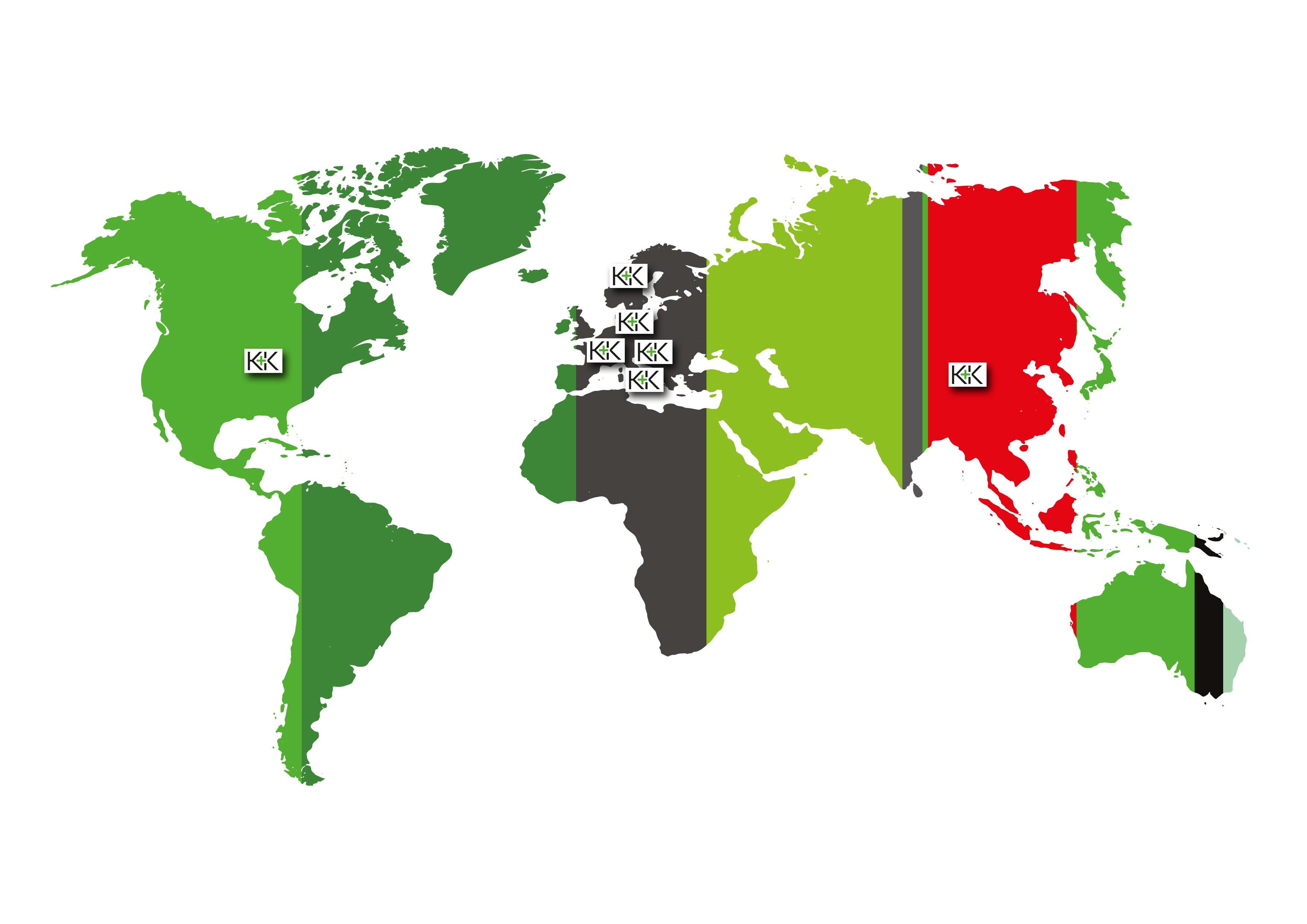 Eine Weltkarte in K+K Farben mit den markierten Standorten der K+K Swiss AG